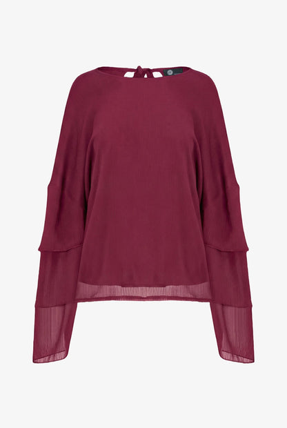 Women's Woven Crew-Neck Top with Long Layered Bell Sleeves