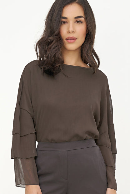 Women's Woven Crew-Neck Top with Long Layered Bell Sleeves