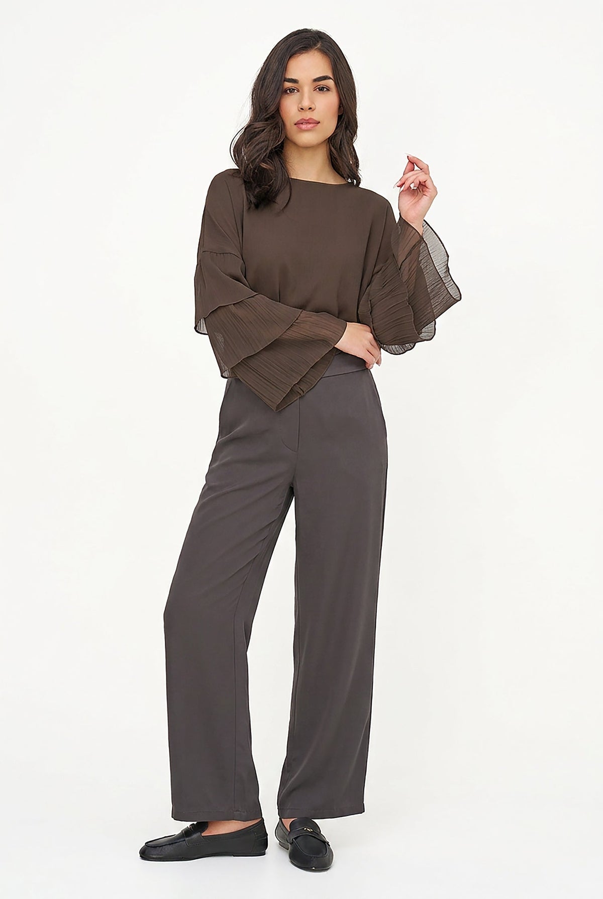 Women's Woven Crew-Neck Top with Long Layered Bell Sleeves