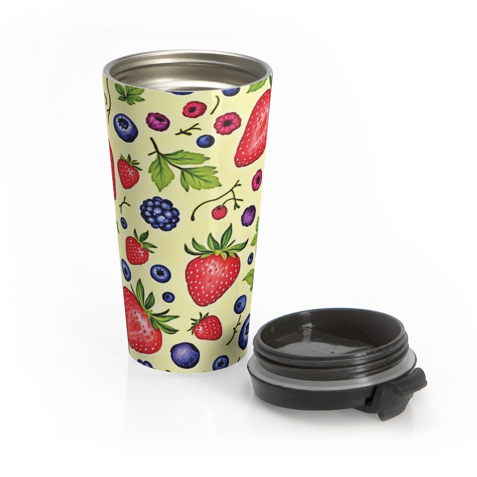Strawberry & Berry Pattern Stainless Steel Travel Mug — Insulated Fruit Print Tumbler - AURABAGS SHOP