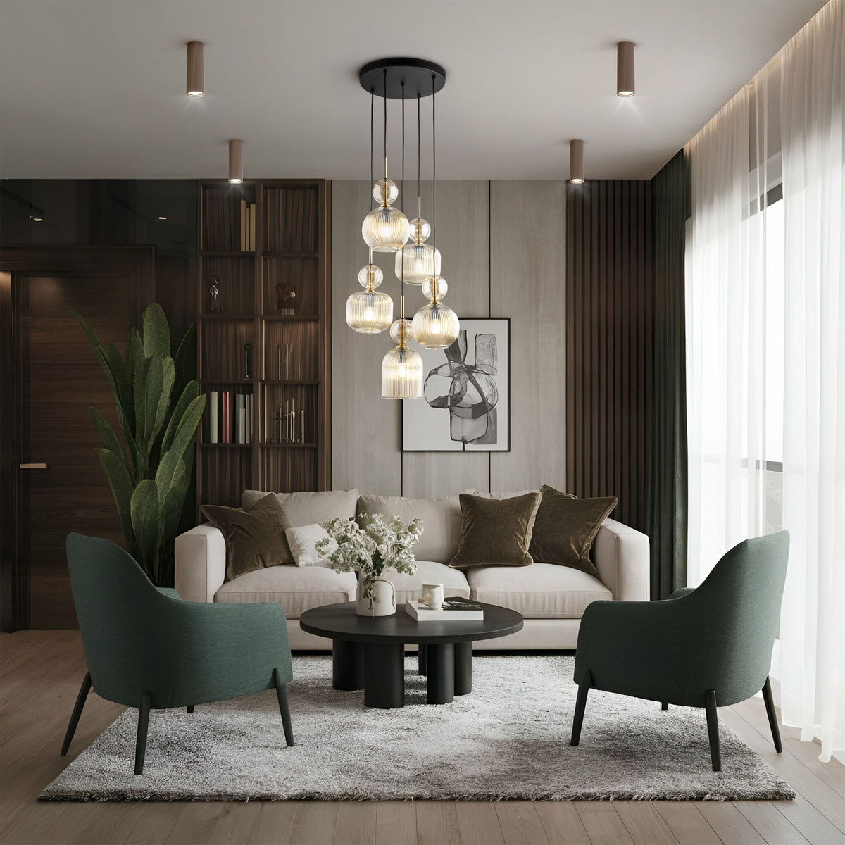 SOPHIA Cognac Ribbed Glass 5-Light Cluster Pendant for Dining, Living Room & Hallway