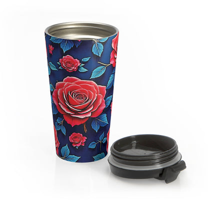 Red Rose Floral Pattern Stainless Steel Travel Mug - AURABAGS SHOP