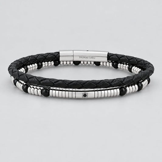 Men’s Dual-Strand Stainless Steel & Black Braided Leather Biker Bracelet