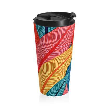Tropical Feather Stainless Steel Travel Mug — Colorful Leaf Pattern, Insulated Coffee Tumbler - AURABAGS SHOP