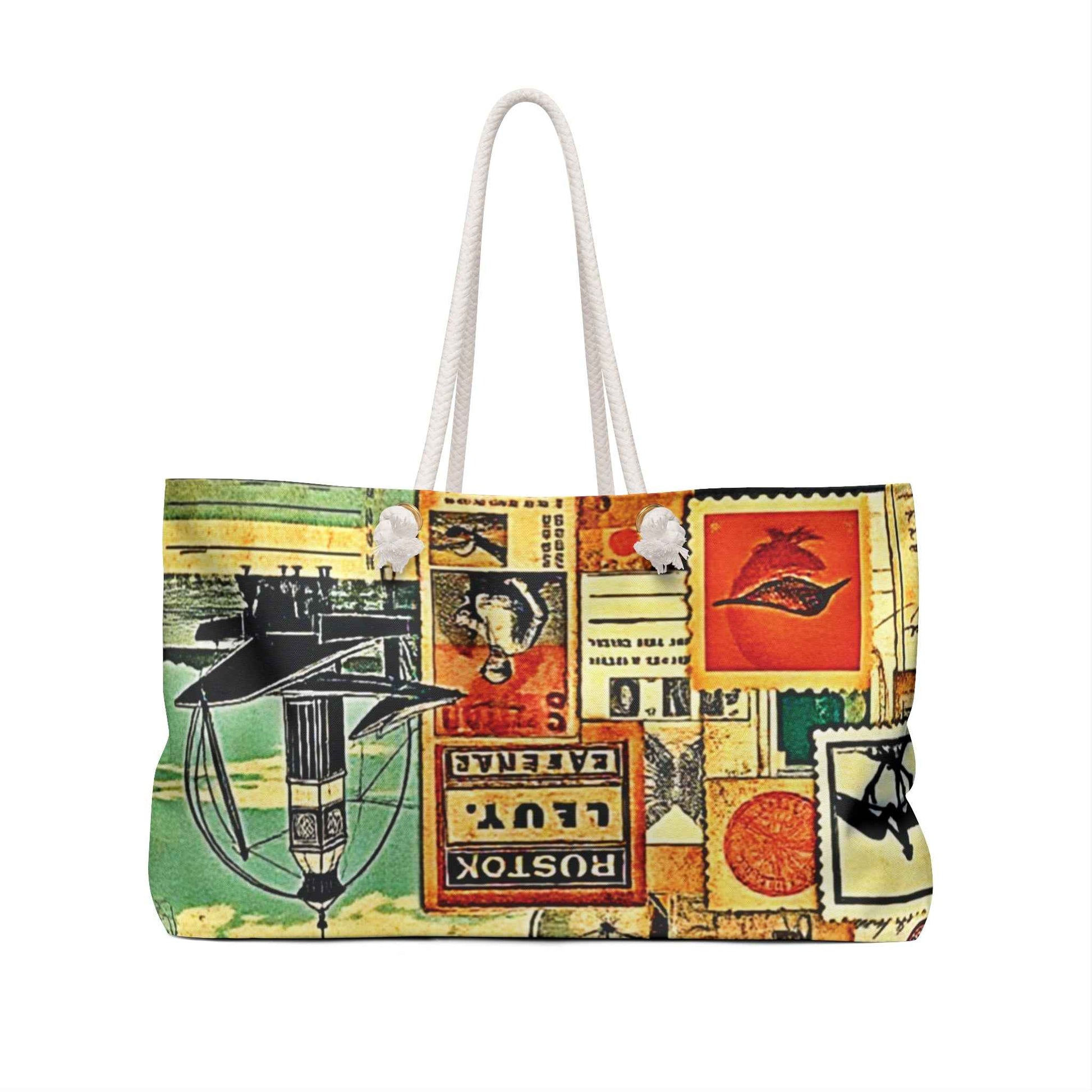 Vintage Travel Collage Weekender Bag | Postage Stamps, Airplane Motifs, Large Tote Bag