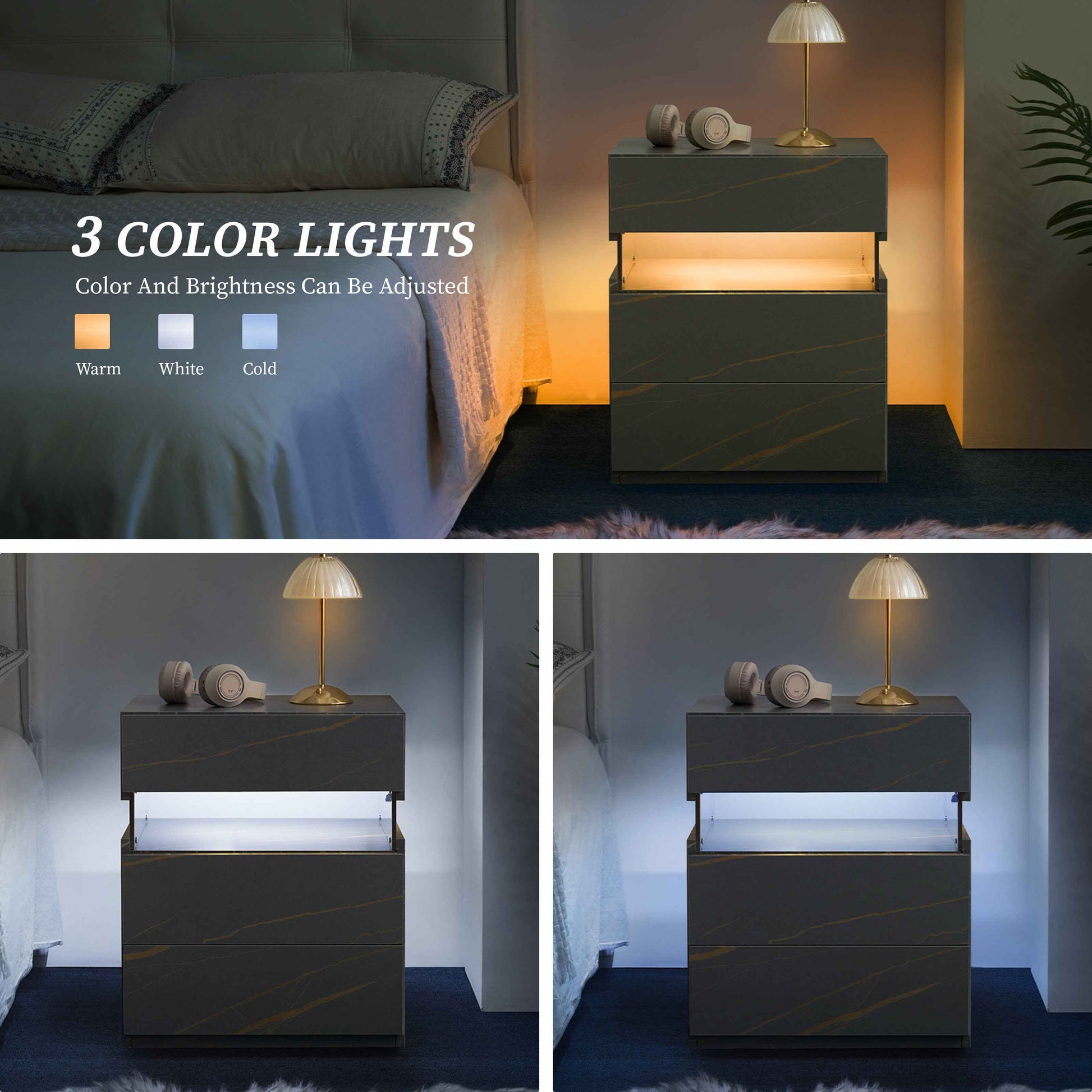 LED Nightstand with 3 Drawers, Acrylic Panel & RGB Lighting – Modern Grey & Gold Bedside Table