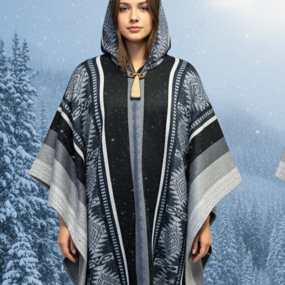 Light grey/w black Soft Handmade Wool Ponchos
