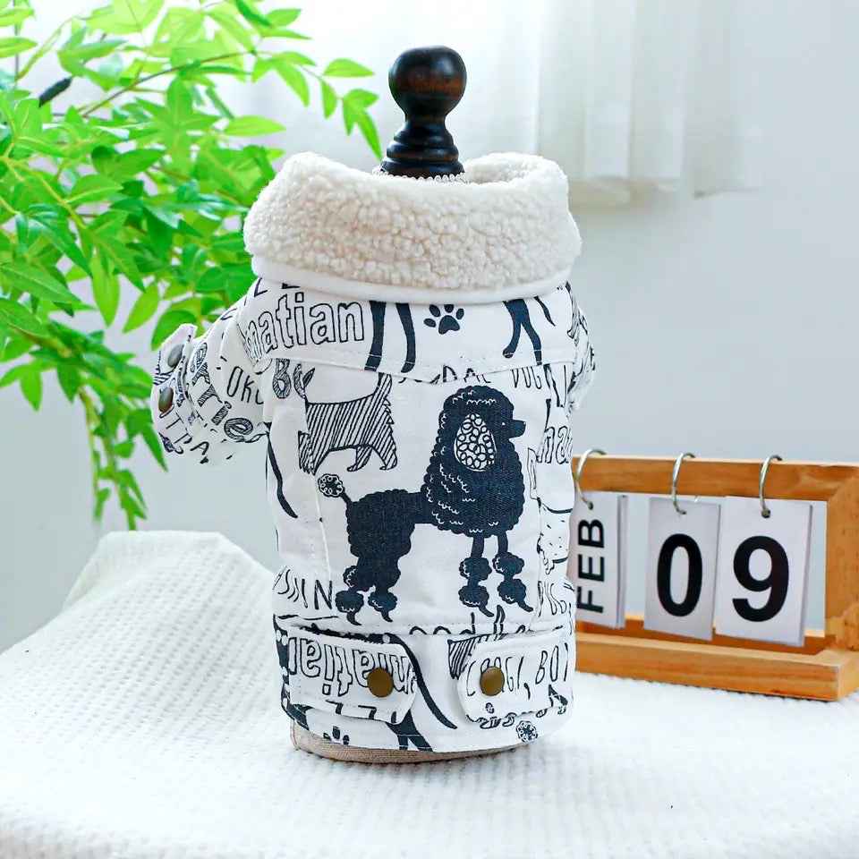 Sketch Print Dog Coat | Warm Dog Coat with Fur Trim