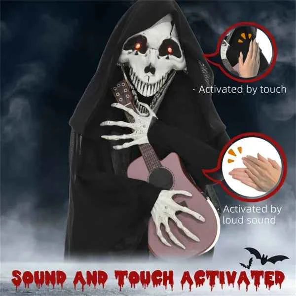 Halloween Animated Grim Reaper Decoration – Guitar Playing Skeleton with LED Red Eyes (Only United States Delivery)