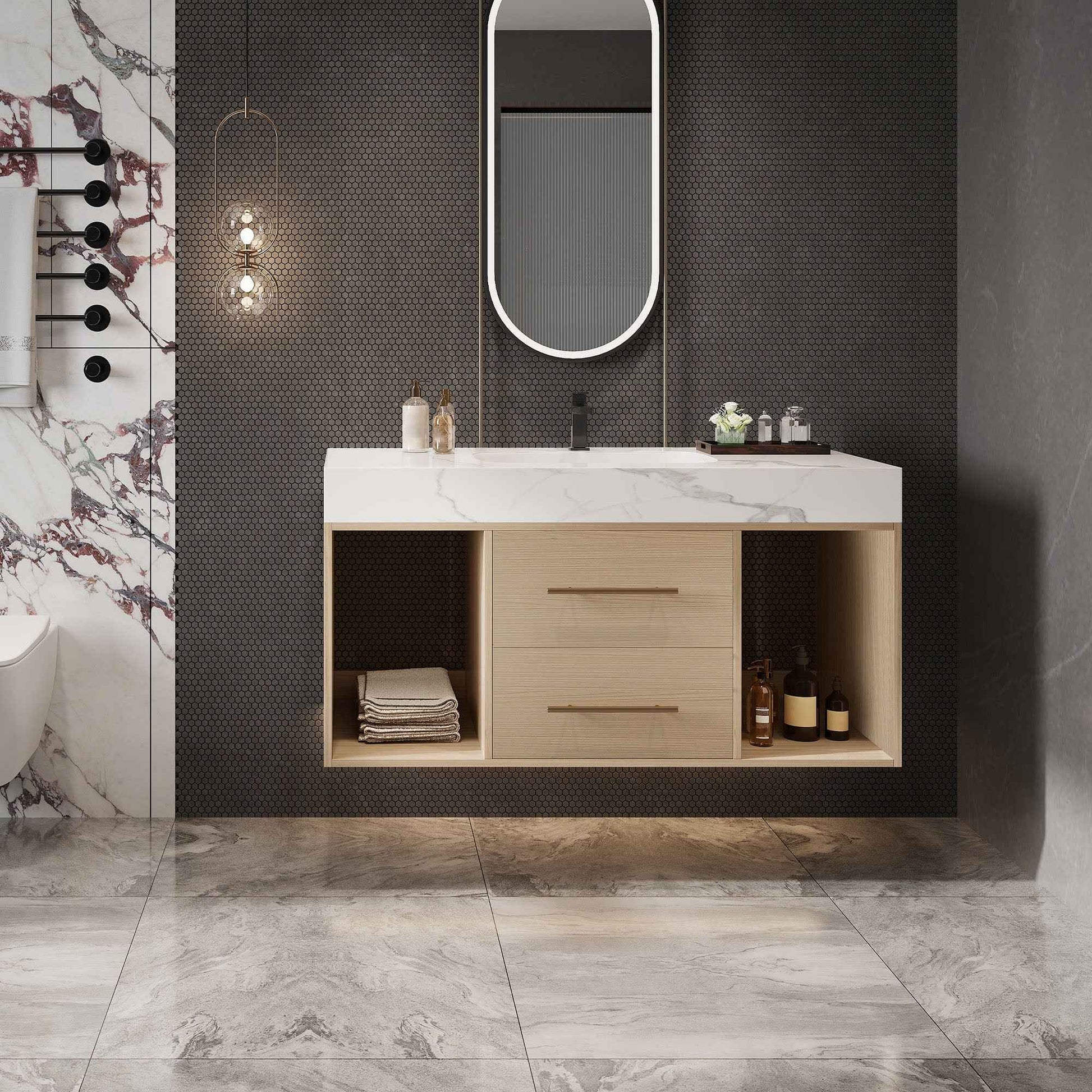 39.4" Floating Bathroom Vanity with Ceramic Sink & White Sintered Stone Top