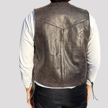 Men’s Buffalo Leather Biker Vest. Adjustable Side Lace Vest
