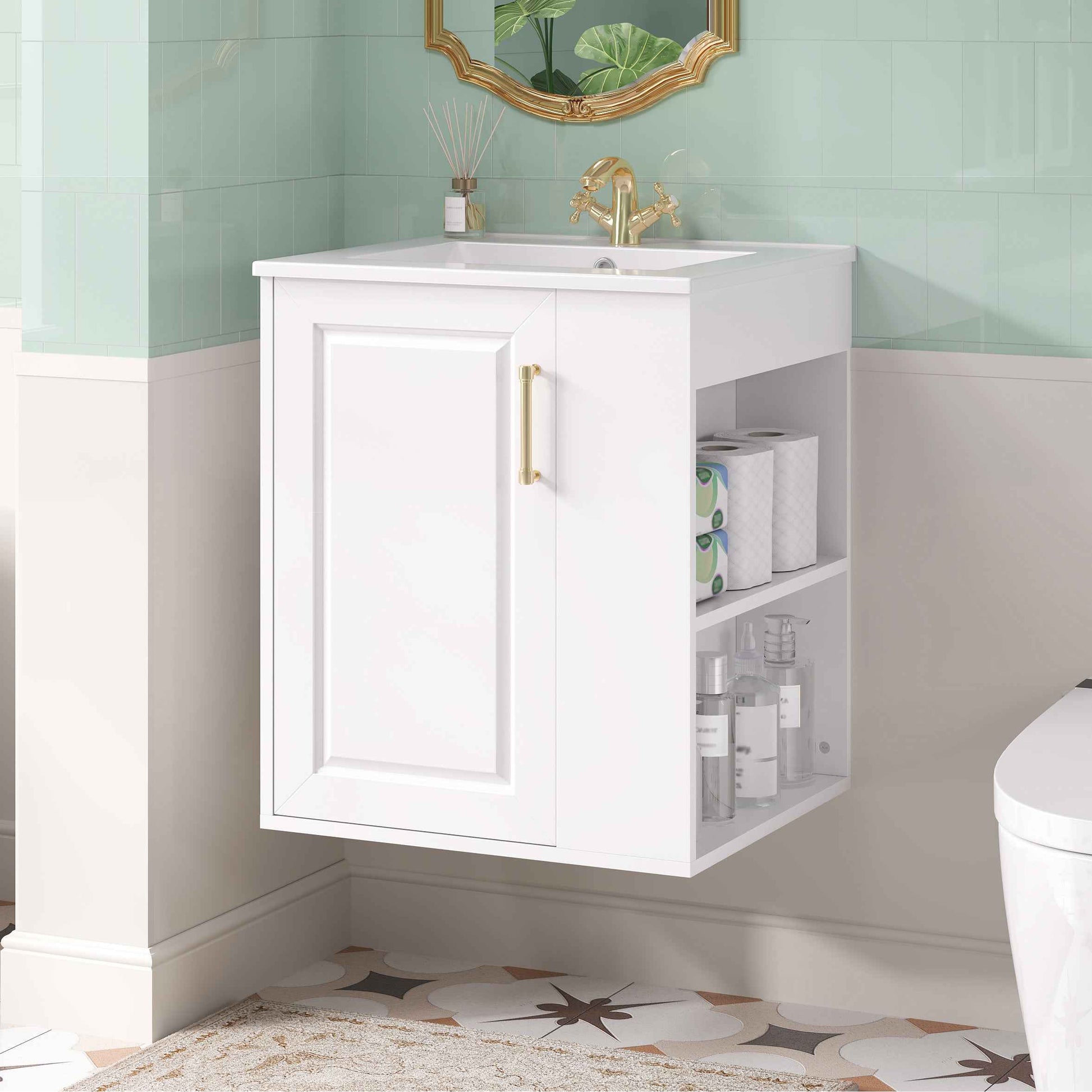 20" Wall Mounted Bathroom Vanity with Side Cabinet – White Sink Cabinet with Soft-Close Doors