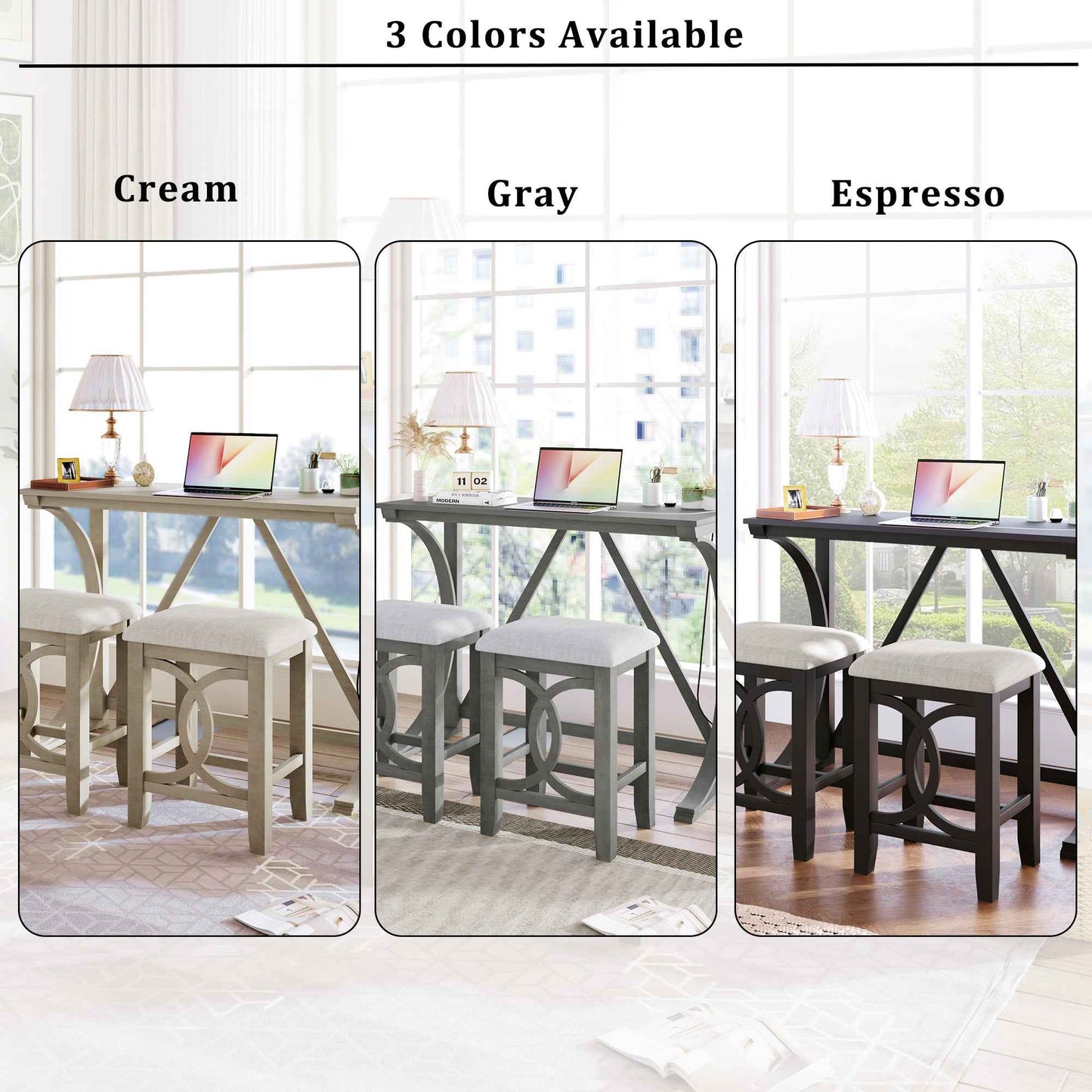 Farmhouse 3-Piece Counter Height Dining Set – White Solid Wood Table with Upholstered Stools & USB Port