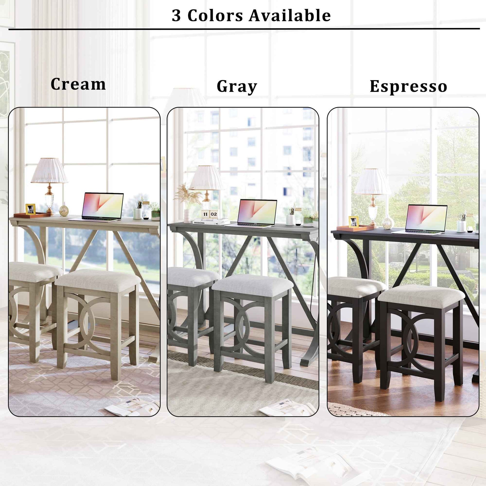 Farmhouse 3-Piece Counter Height Dining Set – White Solid Wood Table with Upholstered Stools & USB Port