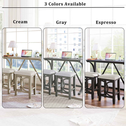Farmhouse 3-Piece Counter Height Dining Set – White Solid Wood Table with Upholstered Stools & USB Port
