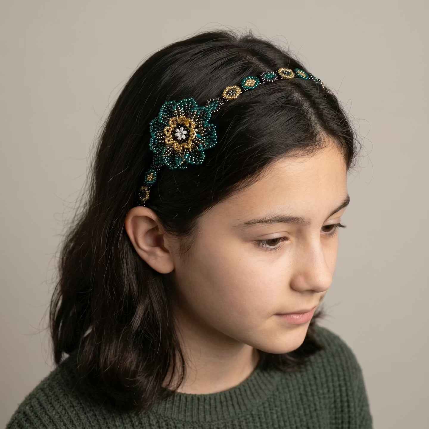 Beaded Headband with Flower Turquoise