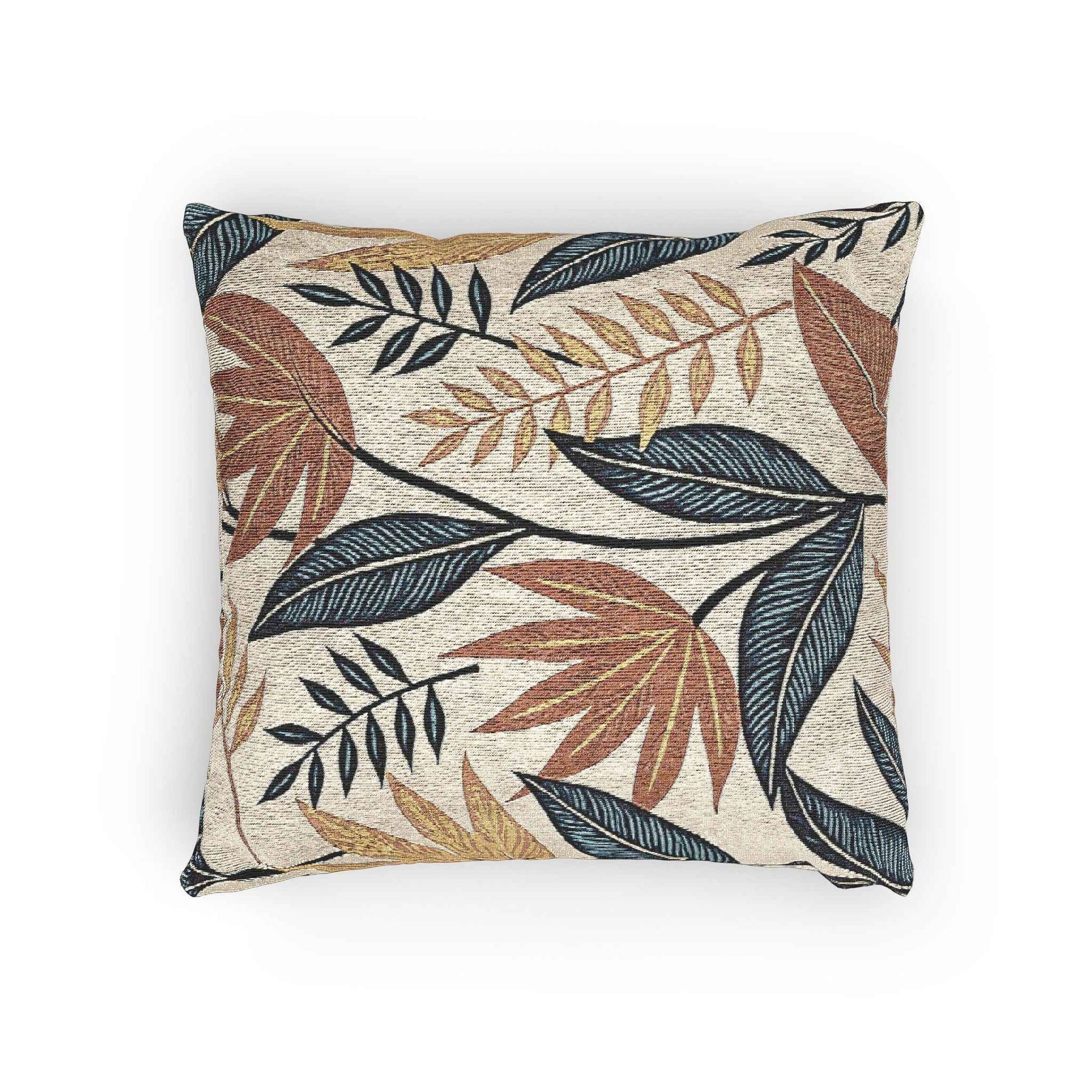Tropical Leaf Pattern Woven Pillow | Botanical Throw Pillow, Neutral Blue Rust Design