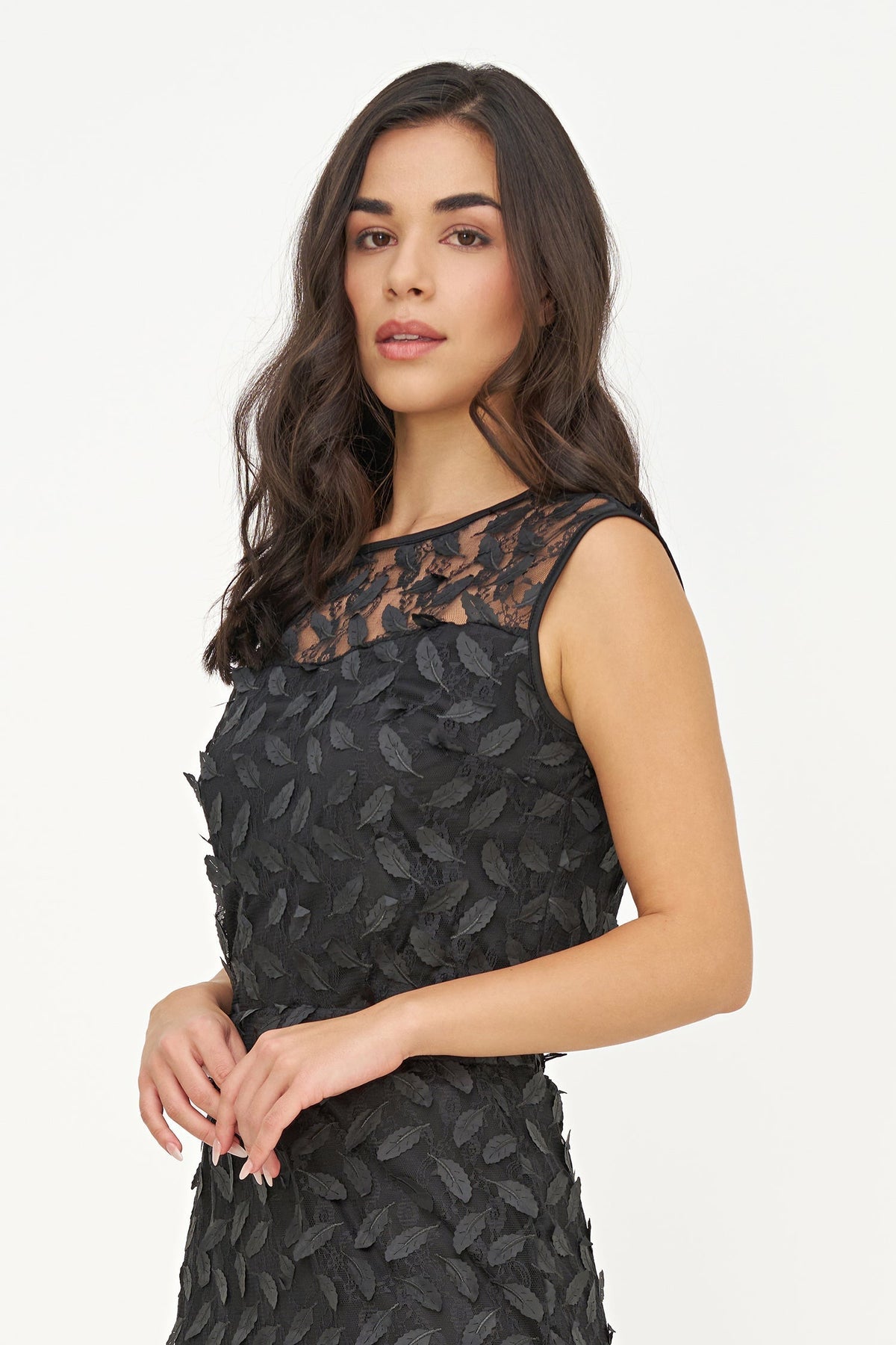 Women's Mesh-Knit Sleeveless Crew-Neck Top with Feather Details
