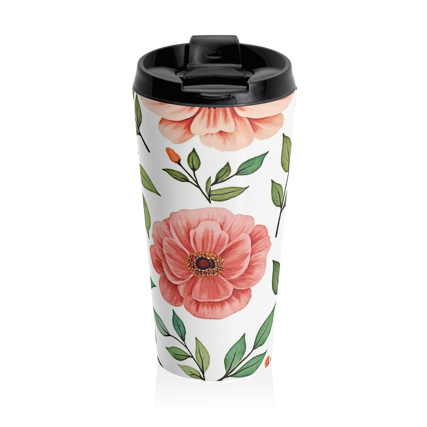 Peach Floral Pattern Stainless Steel Travel Mug | Botanical Leaves - AURABAGS SHOP