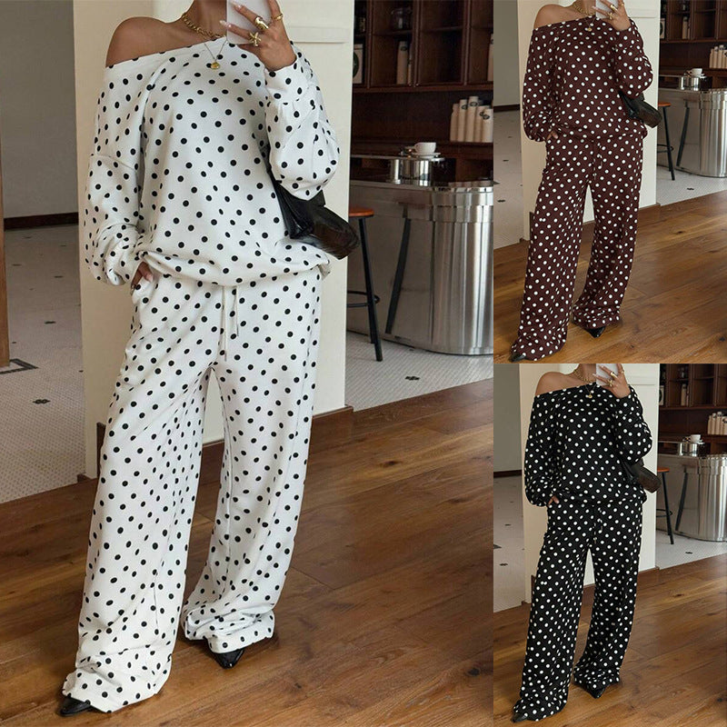 Women’s Polka-Dot Print Two-Piece Set – Long-Sleeve Sweatshirt & Loose-Fit Full-Length Pants