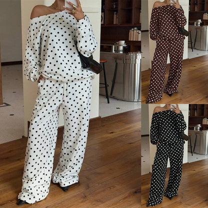 Women’s Polka-Dot Print Two-Piece Set – Long-Sleeve Sweatshirt & Loose-Fit Full-Length Pants