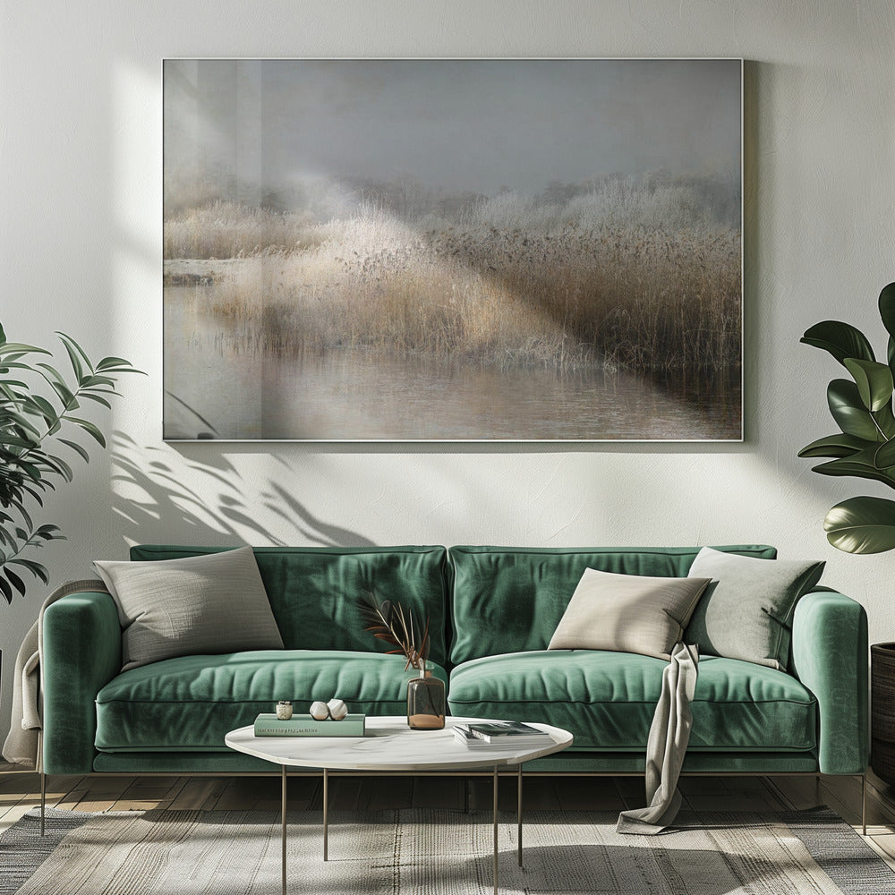 Winter Morning Canvas Wall Art | Frosted Reeds & Lake Landscape Print by Nel Talen | 3 Sizes