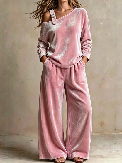 Women’s Velvet Two-Piece Set – Elegant Off-Shoulder Long-Sleeve Top & Full-Length Pants