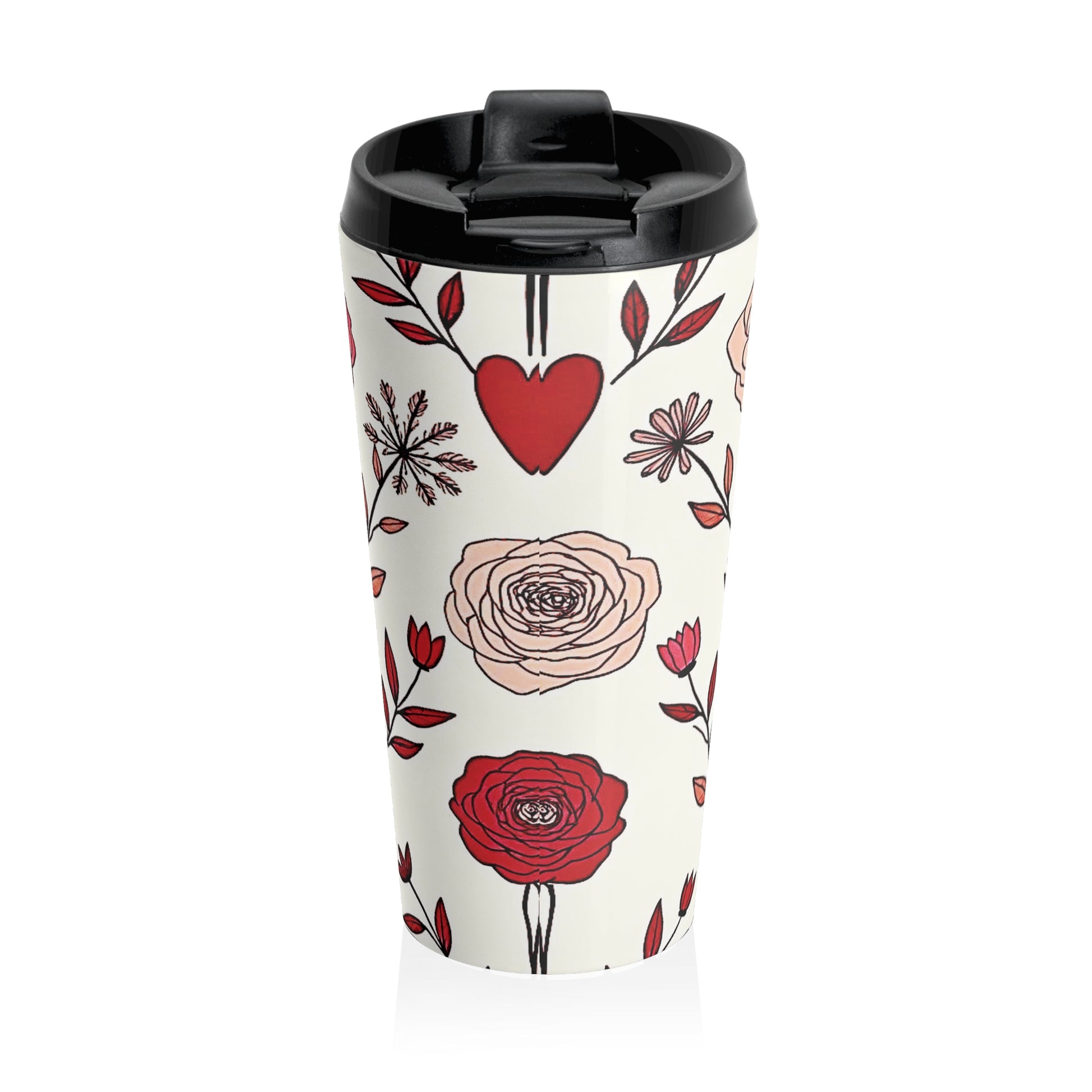 Hand-Drawn Red Heart Floral Stainless Steel Travel Mug | Valentine Pattern - AURABAGS SHOP