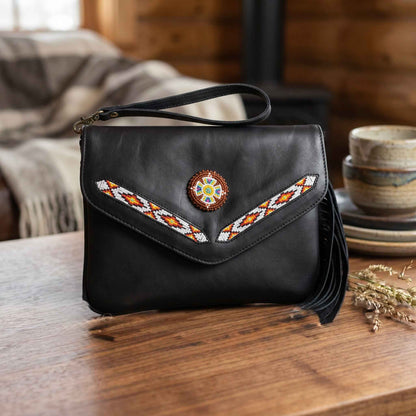 Leather beaded Crossbody bag(Black)