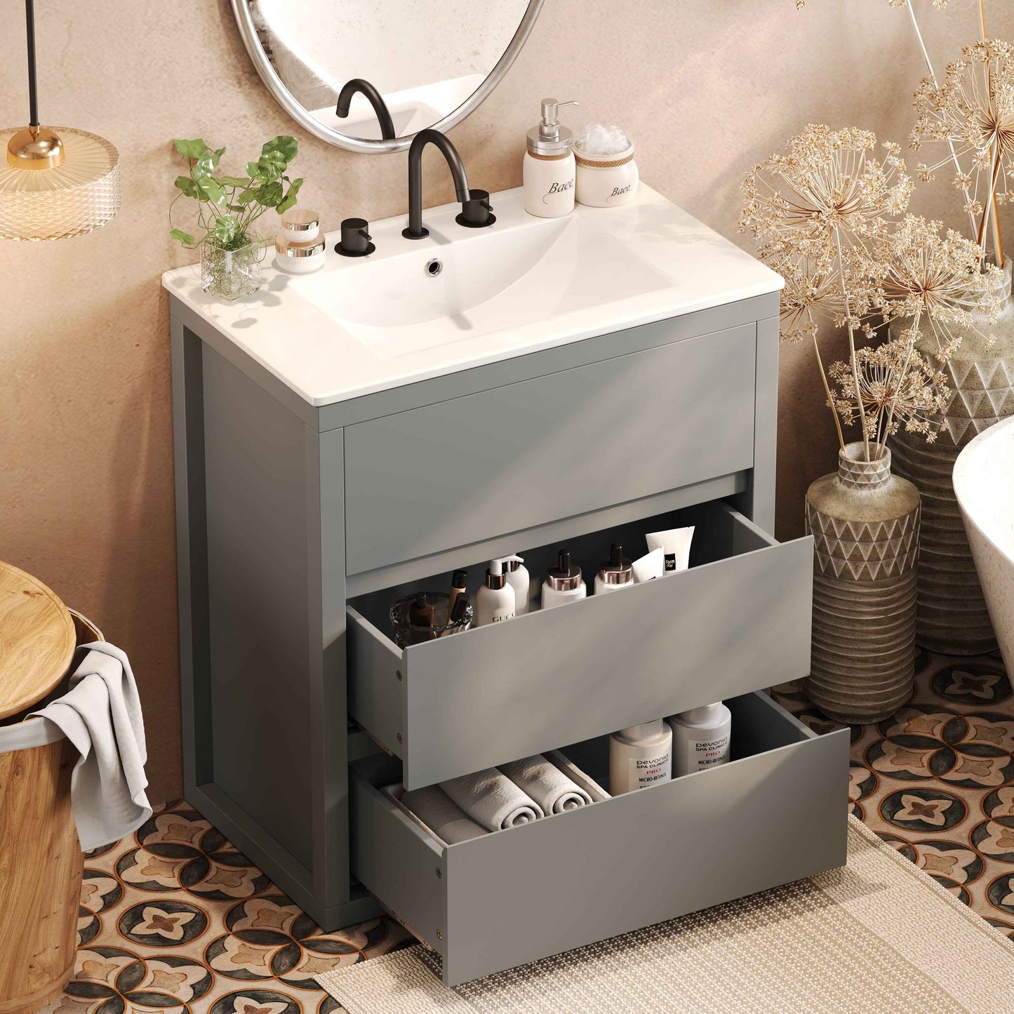 30" Gray Bathroom Vanity with Ceramic Sink – Freestanding Cabinet with 2 Soft-Close Drawers