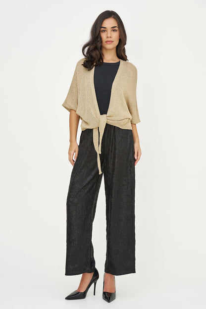 Women's Lurex Open Knit Cardigan, 3/4 Sleeves & Self-Tie Front