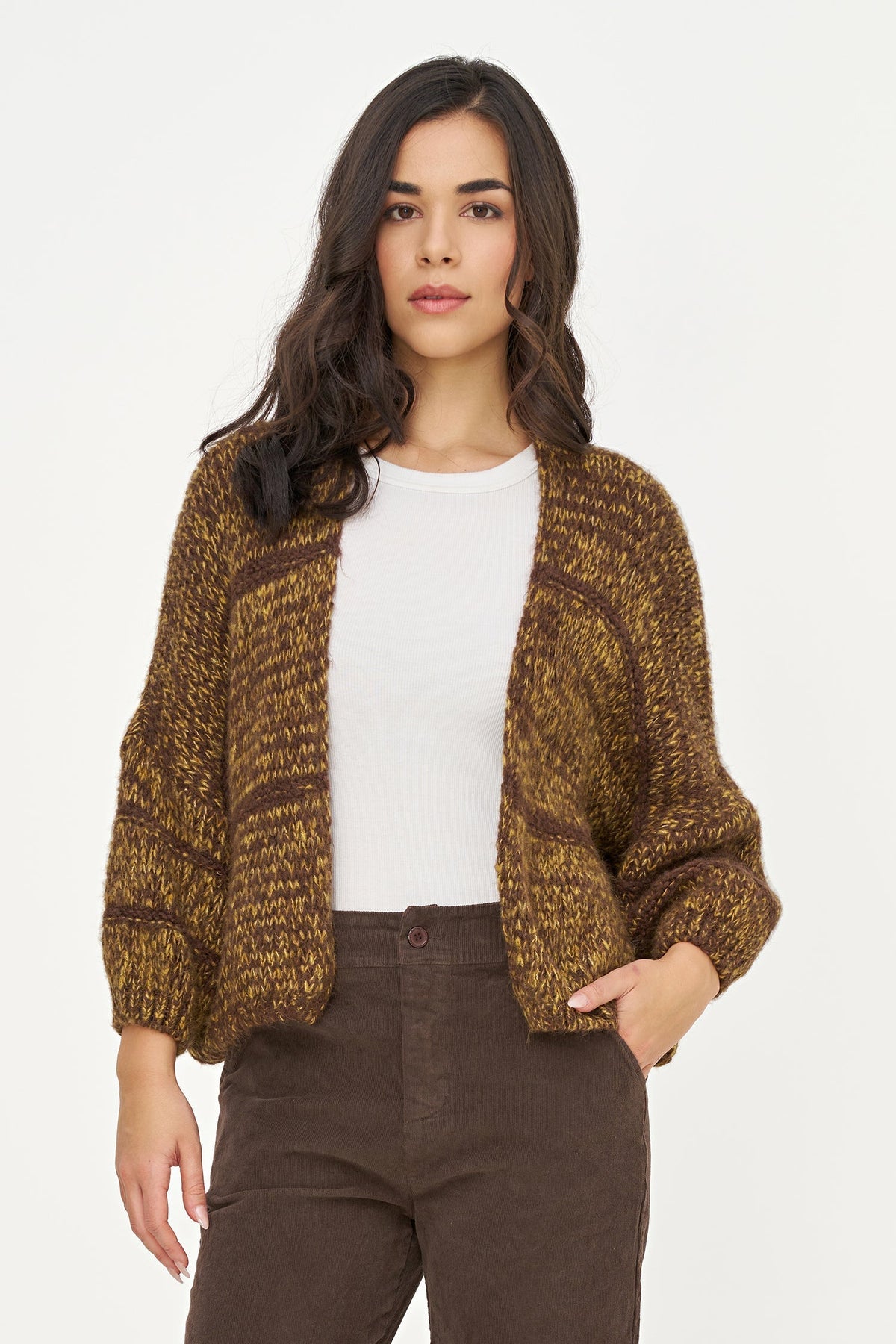 Women's Knit Color-Block Open Cardigan with Long Sleeves