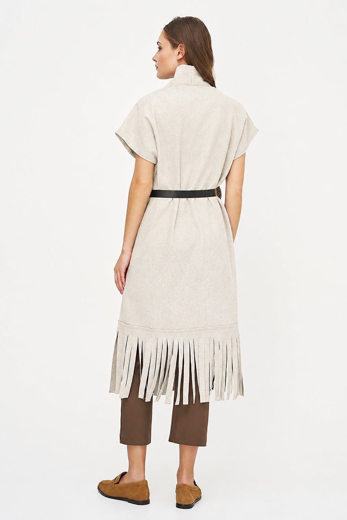 Women's Brushed Woven Open Cardigan with Fringe Hem & Removable Belt