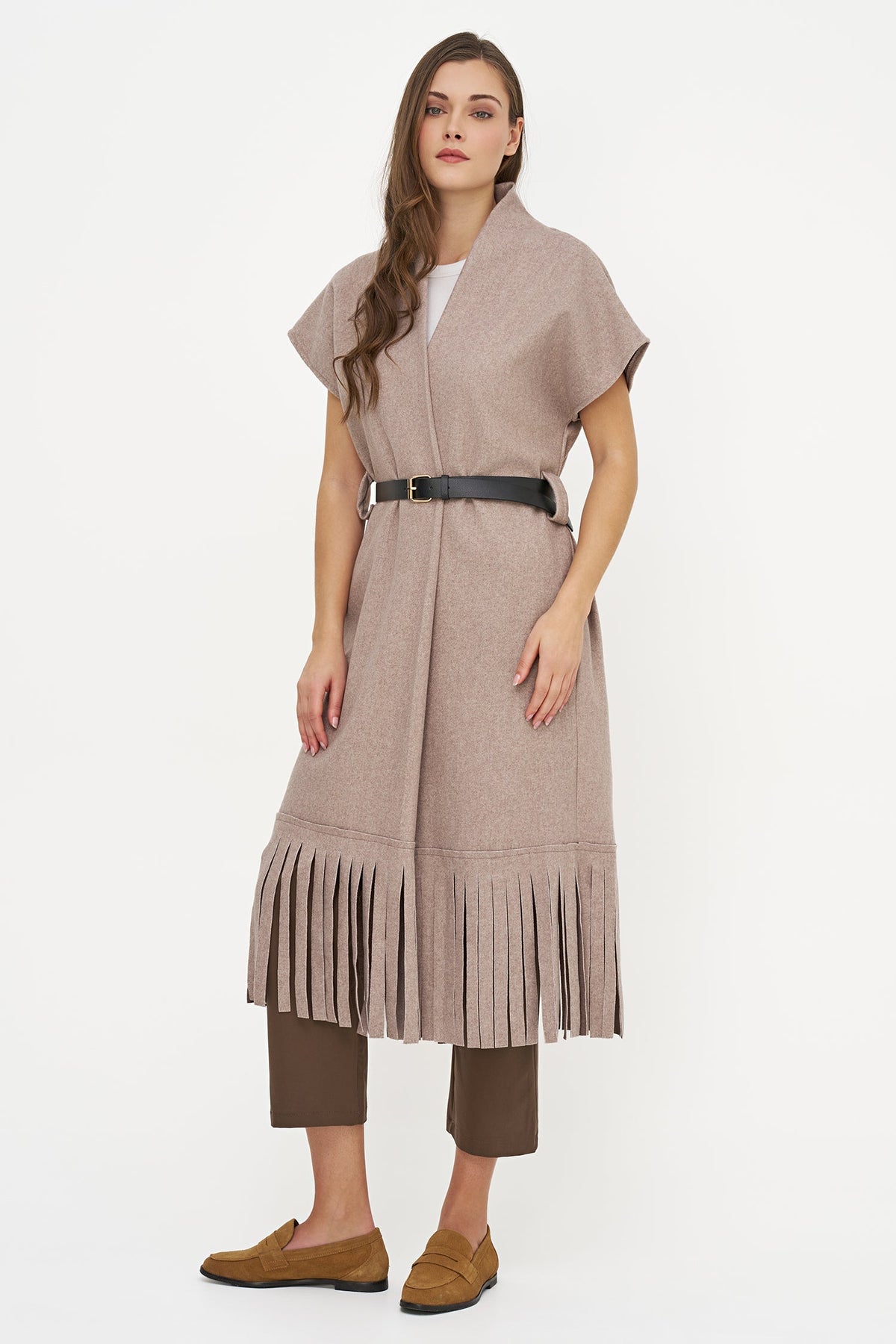 Women's Brushed Woven Open Cardigan with Fringe Hem & Removable Belt