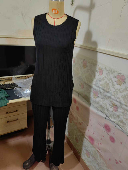 Women’s Ice Silk Knitted Sweater & Wide-Leg Pants Two-Piece Set – Casual Lounge Outfit