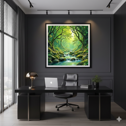 Enchanted Mossy Forest River – Ethereal Woodland Landscape Digital Art - AURABAGS SHOP