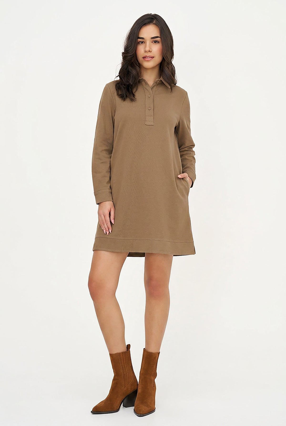 Women's A-Line Dress, Long Sleeves, Partial Button Placket & Pockets