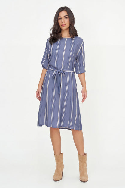 Women's Printed Crew-Neck Dress, Long Sleeves, Belt & Side Pockets