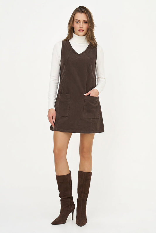Women's Corduroy Sleeveless V-Neck Dress with Patch Pockets