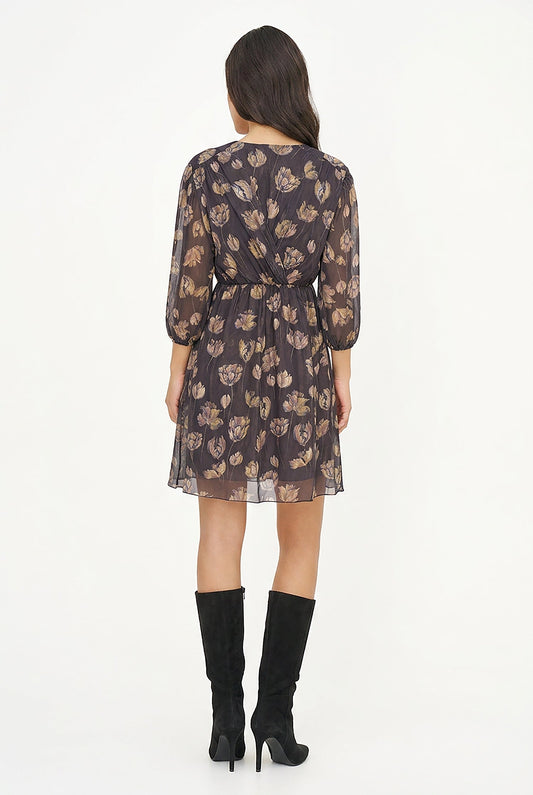 Women's Printed Woven Dress, Long Sleeves & Fixed Crossover V-Neck