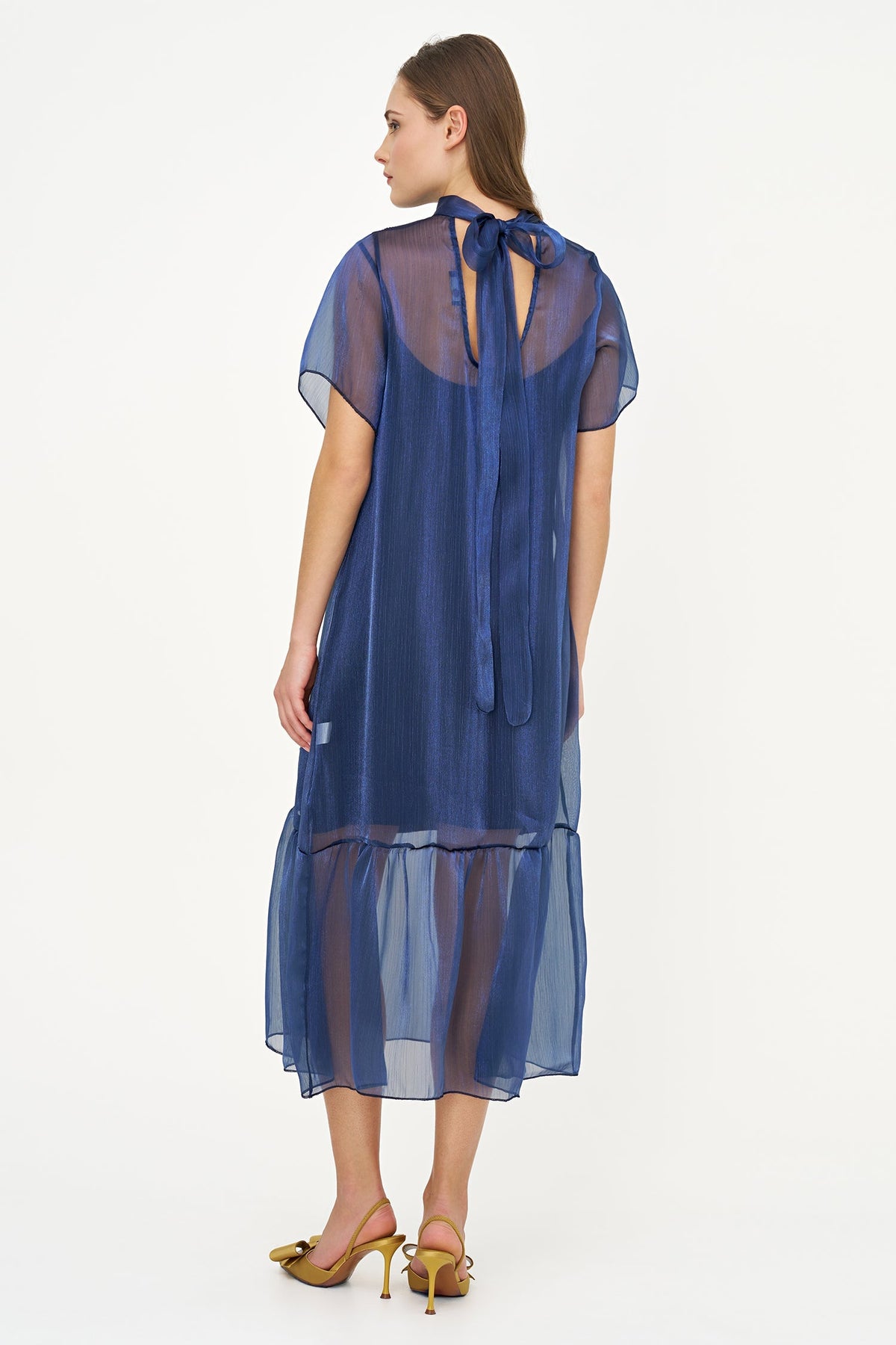 Women's Short-Sleeve Turtleneck Dress, Tie-Back Bow & Ruffle Hem