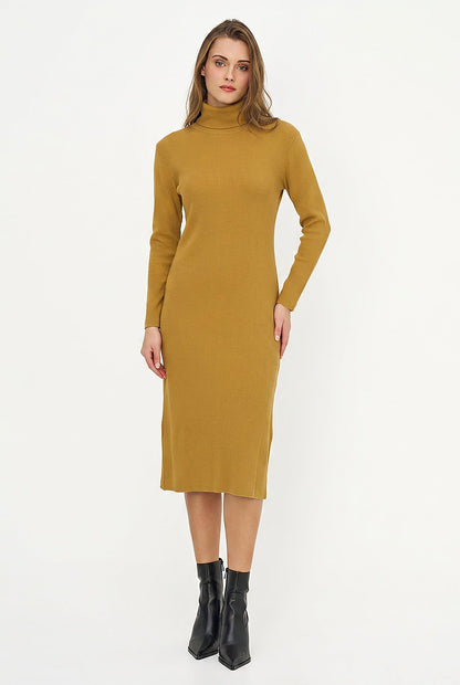 Women's Rib-Knit Turtleneck Dress, Long Sleeves & Back Slit