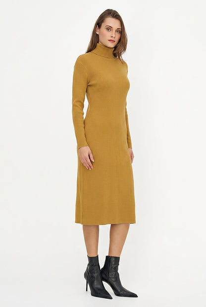 Women's Rib-Knit Turtleneck Dress, Long Sleeves & Back Slit