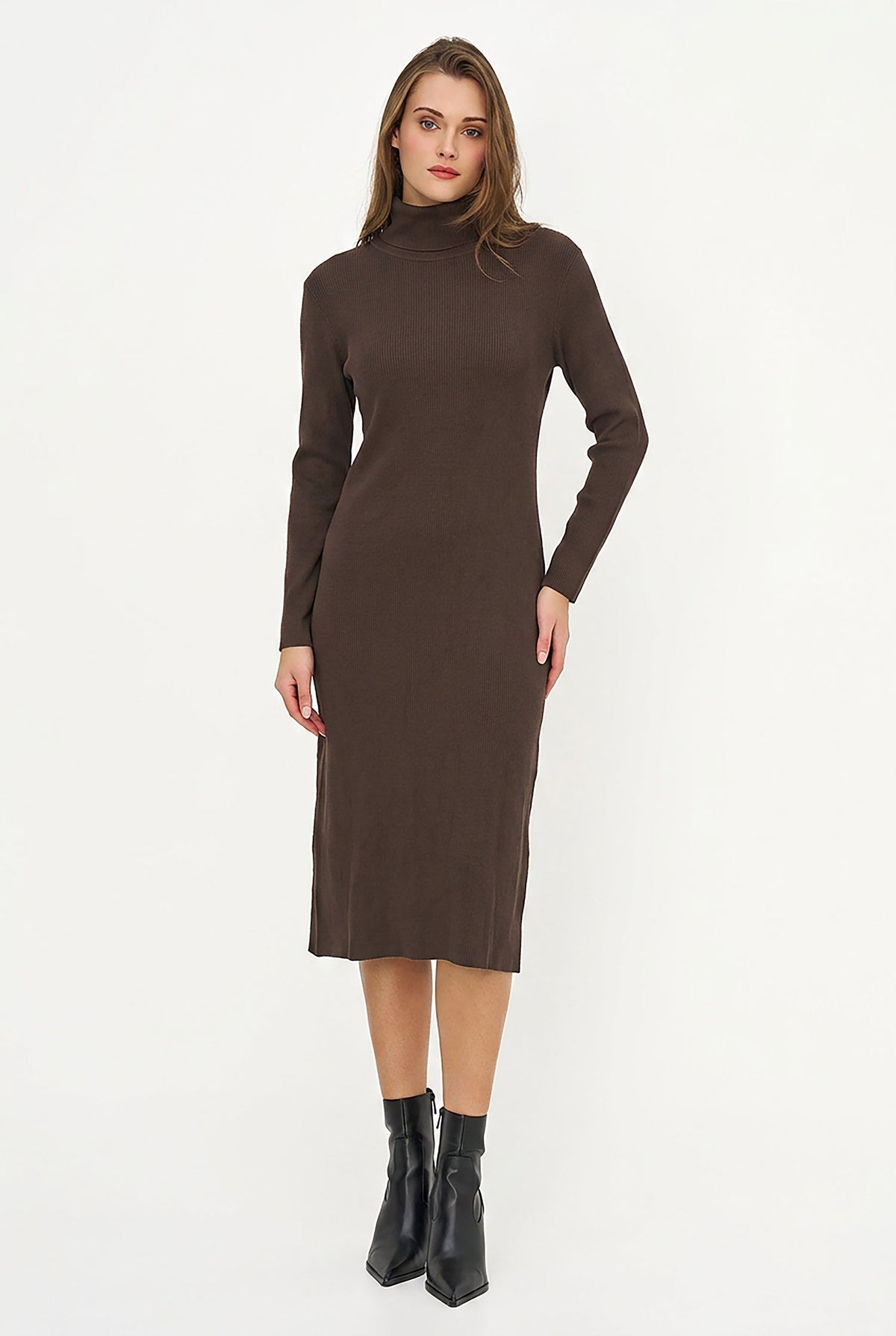 Women's Rib-Knit Turtleneck Dress, Long Sleeves & Back Slit