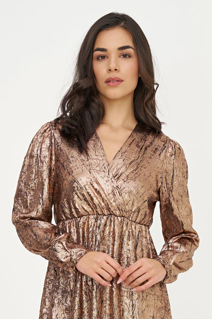 Women's Woven Fixed Crossover V-Neck Dress with Long Sleeves