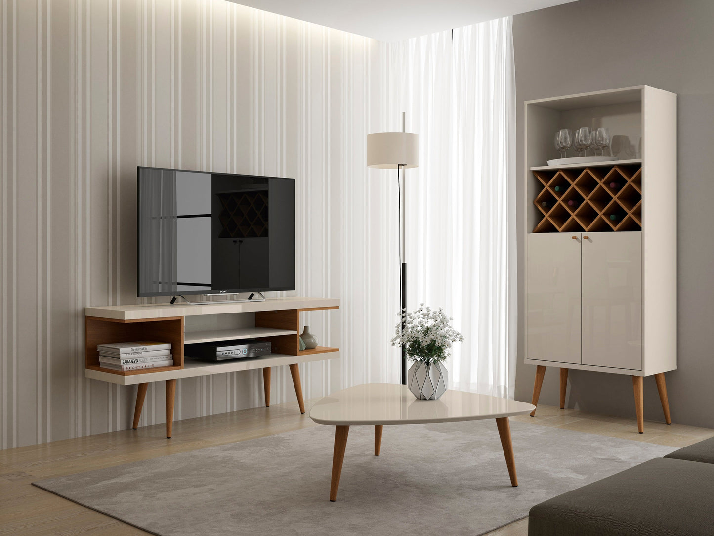 Eureka Modern 53.14" TV-Schrank mit 4 Einlegeböden - Cremeweiß Glänzend/Ahorn Creme