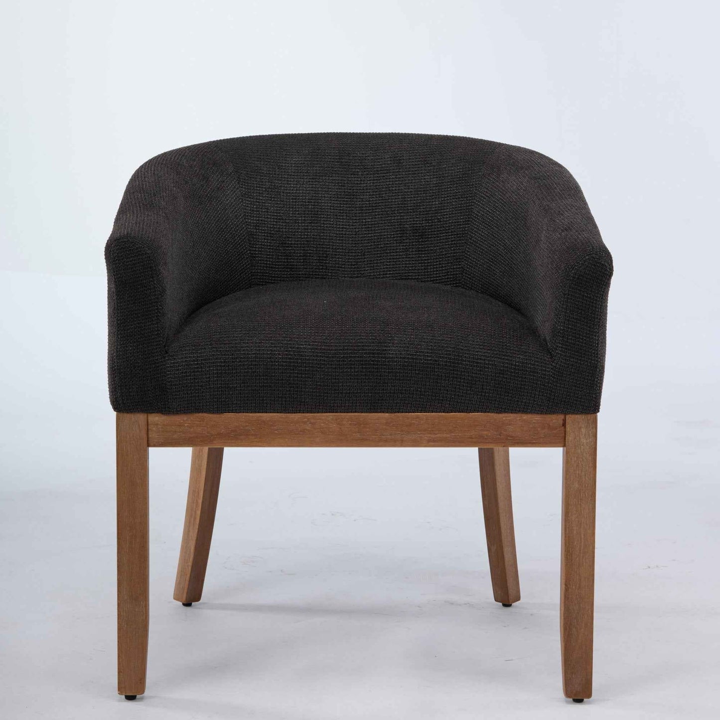Mid-Century Modern Barrel Dining Chair with Arms – Black Upholstered Linen Accent Chair with Natural Rubberwood Frame (United States Delivery Only)