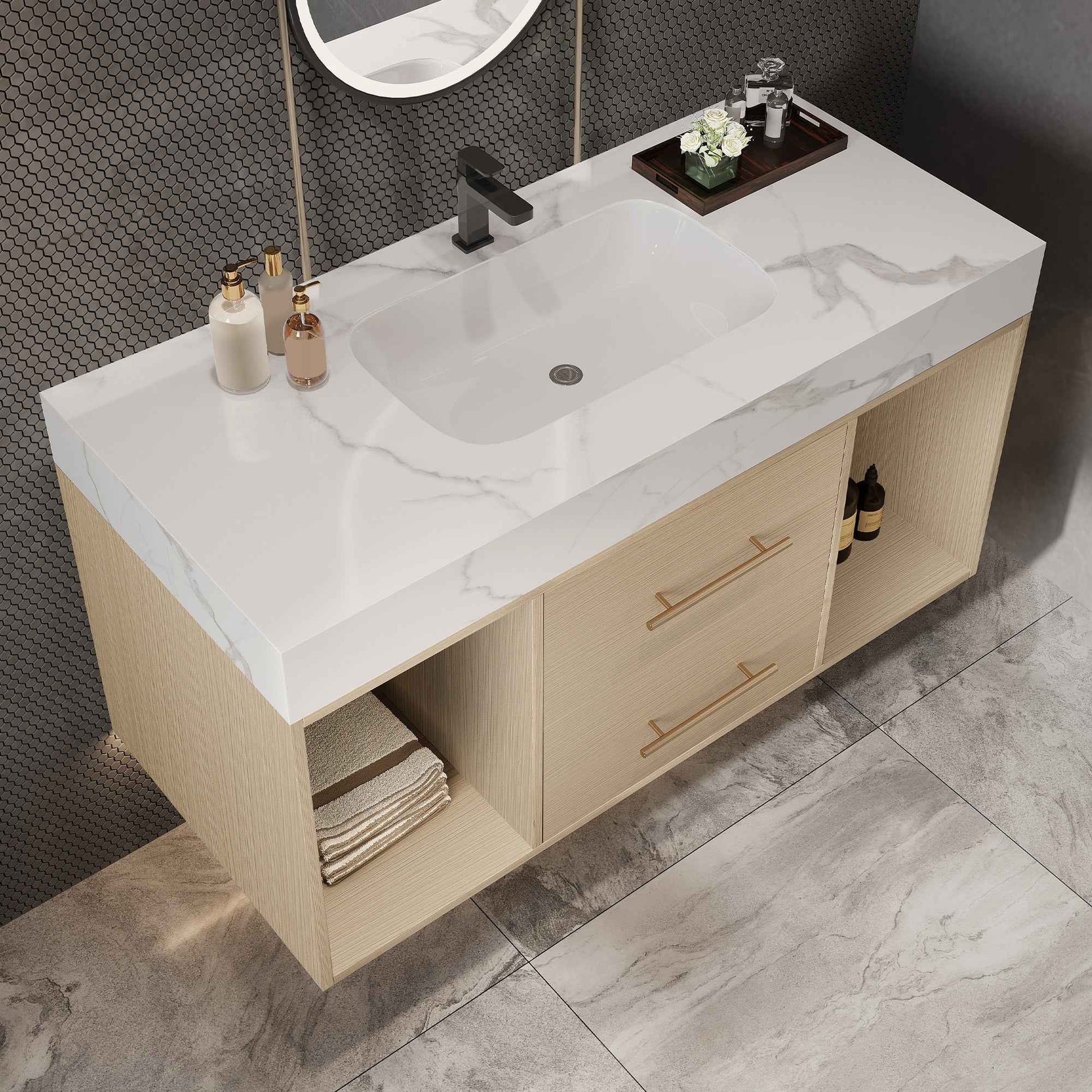 39.4" Floating Bathroom Vanity with Ceramic Sink & White Sintered Stone Top