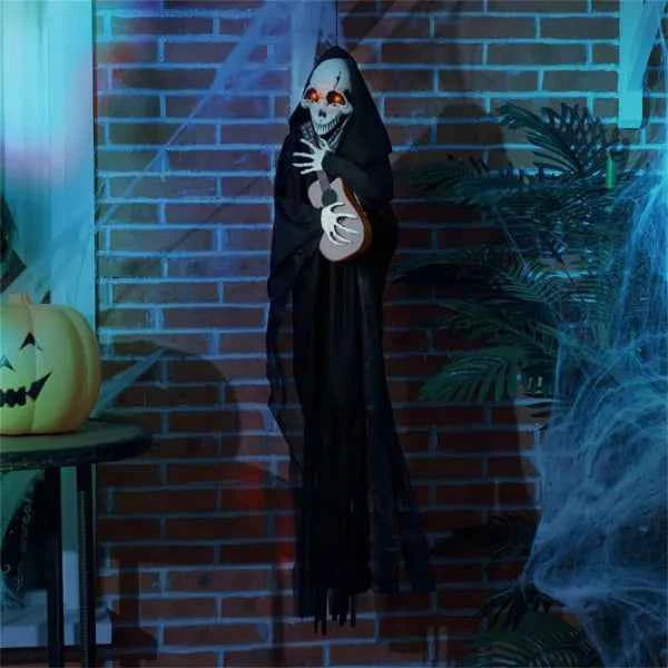 Halloween Animated Grim Reaper Decoration – Guitar Playing Skeleton with LED Red Eyes (Only United States Delivery)