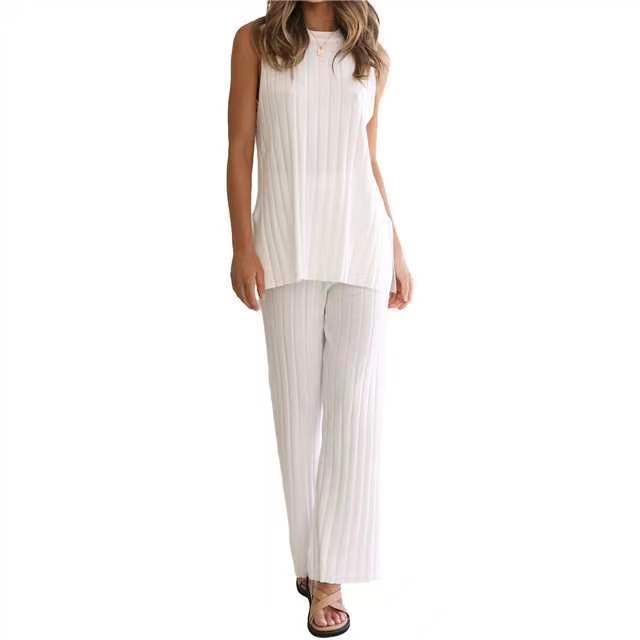 Women’s Ice Silk Knitted Sweater & Wide-Leg Pants Two-Piece Set – Casual Lounge Outfit